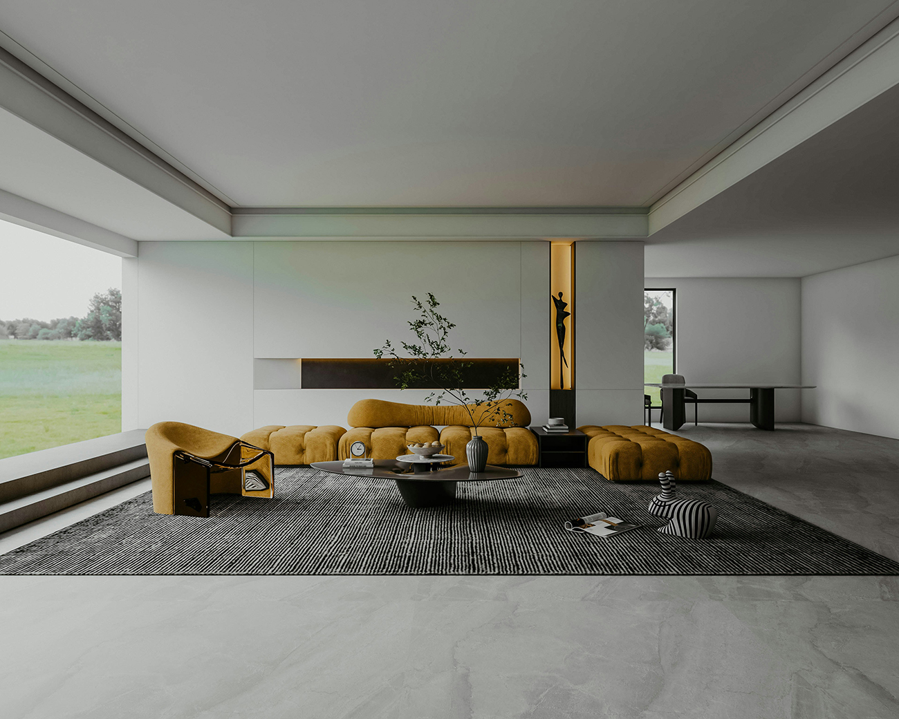 Salón minimalista con sofá modular mostaza, decoración natural y ventanales amplios con vistas al exterior, diseño interior estilo feng shui contemporáneo.
