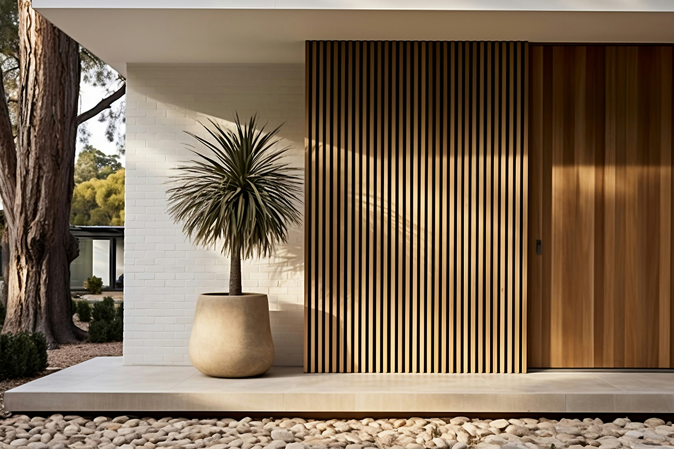 Entrada de casa moderna con pared de listones de madera verticales, planta decorativa en maceta y diseño exterior minimalista estilo feng shui